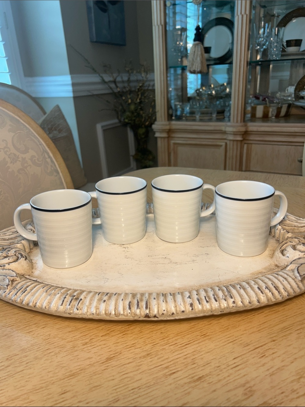 Crate&Barrel White Ceramic Mugs with Navy Rim - Set of 4